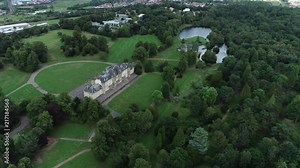 Aerial footage of Callendar House and Callendar Park in the town of Falkirk, Scotland.