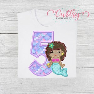 Mermaid Birthday Embroidery Design / Mermaid Applique Design / Mermaid Birthday / 5th Birthday Mermaid / Fifth Birthday / Mermaid Curly Hair - Etsy