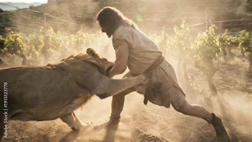 Samson Fighting a Lion in a Vineyard, Bible Story from Judges, Cinematic Action.