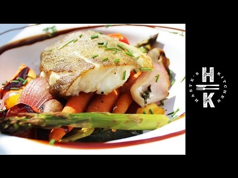 How to cook pan seared cod fillet with roasted Mediterranean vegetables