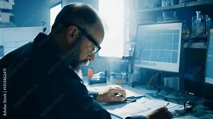 Senior engineer analyzing schematics and blueprints on computer screens within a modern laboratory environment