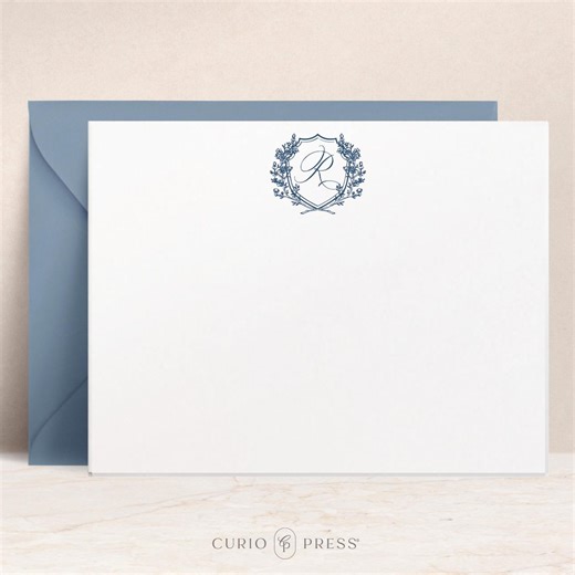 Personalized Monogram Stationery, Laurel Crest, Custom Note Card Set – Bloomcrest Flat - Etsy