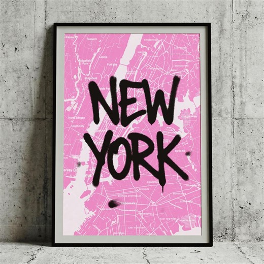 New York Graffiti Map Print, Pink NYC Street Art Poster (digital Download) - Etsy