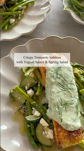 Crispy Turmeric Salmon with Yogurt Sauce & Spring Salad