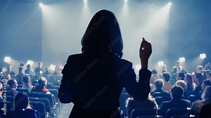 Woman Walks On Stage Before Audience In Front of Spotlight