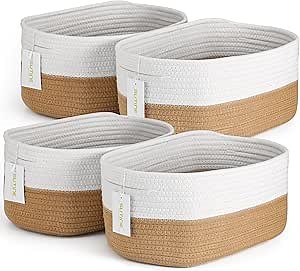 4 Pack Woven Storage Baskets for Organizing, Cube Cotton Rope Baskets with Handle, Rectangle Decorative Basket for Shelves Towels Clothes Books, Gift Basket Bins Toy Storage, Brown & White