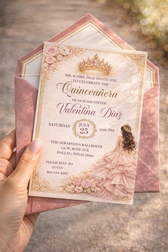 Blush Pink Quinceañera Invitation | Pink & Gold Princess Mis Quince Años Invite | Elegant Floral Quince Invite | Editable Digital Template - Etsy
