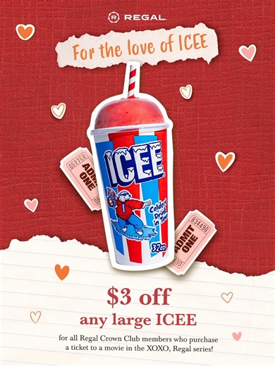 Roses are red, violets are blue, classic rom-coms are back at Regal and you should see a few💕💘💗💌 💋 Here is the Week 1 Lineup of XOXO, Regal: 🌹 2/1: Crazy, Stupid, Love 🌹2/2: Groundhog Day 🌹2/3: How to Lose a Guy in 10 Days 🌹2/4: She's All That 🌹2/5: My Best Friend's Wedding 🌹2/6: The Bodyguard 🌹2/7: Crazy Rich Asians See the list of current romance movies playing at Regal this February for just $7.99. Plus, Regal Crown Club members get $3 off any Large ICEE with a qualifying XOXO, Re