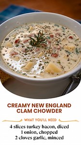 Creamy New England Clam Chowder Thick, creamy, and loaded with tender clams and hearty veggies, this classic chowder is pure coastal comfort in a bowl! Ingredients: 4 slices turkey bacon, diced 1 onion, chopped 2 cloves garlic, minced 2 celery stalks, diced 1 cup carrots, diced 1/4 cup all-purpose flour 2 cups clam juice 1 cup chicken broth 2 cups potatoes, peeled and diced 1 cup heavy cream 1 can (6.5 oz) chopped clams, undrained 1 bay leaf 1/2 teaspoon dried thyme Salt and pepper to taste Fres