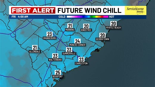 FIRST ALERT WEATHER DAY: Prepare for a steep drop in temperatures through tonight and early Friday morning! A "Cold Weather Advisory" remains in effect for Berkeley, Dorchester and inland Colleton Counties until 9 AM Friday. Temperatures - along with wind chill values - should bottom out in the upper teens and lower 20s once winds become lighter. | Live 5 Weather