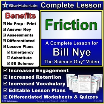 Complete Lesson for Bill Nye Friction - Worksheets, Quizzes, Lesson Plans