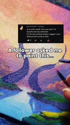 I spent way more time than usual on this piece depicting love ❤️🎨 The broad concept left plenty of room for creativity, but it also meant that achieving a result I was satisfied with was more challenging 😅 I chose to paint two trees reaching and entangling with each other to form a heart shape, regardless of the obstacles between them. Their yearning to be together is so strong that nothing can stop them. This idea applies to any kind of love, whether it's romantic or the bond between good fri