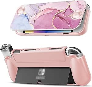 Fintie Flip Case for Nintendo Switch OLED Model - [Screen Safe] Slim Protective Soft TPU Shell with Magnetically Detachable Front Cover & Ergonomic Grip for Switch OLED Model 2021 (Dreamy Marble)