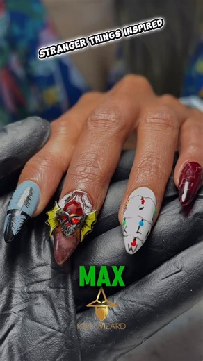 Nail Wizard on Instagram: "Stranger Things inspired nails 🖤 Dark tones, detailed art, and an Upside Down mood brought to life through every nail. A bold themed set made for those who love dramatic details. #strangerthings5 #straingerthingsinspired #straingeethingsnails"