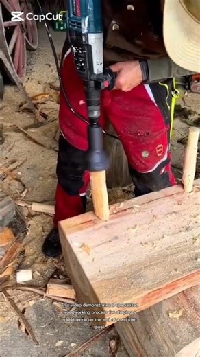 shaping a round tenon on the end of a wooden post.#shortsfeed