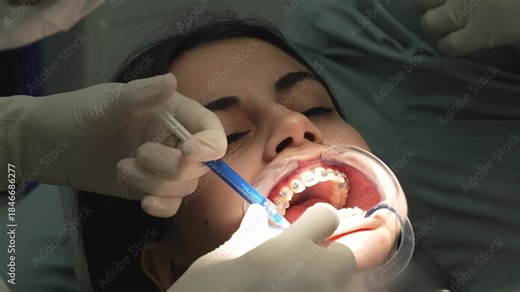 Orthodontist applying bonding agent on patient's braces