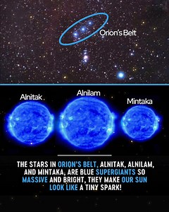 Orion’s Belt: The Giants of the Night Sky! High above us shines Orion’s Belt, home to three incredible blue supergiants — Alnitak, Alnilam, and Mintaka. These stars are so massive and bright that they make our Sun look like a tiny spark in comparison. Burning at temperatures up to 30,000°C and shining hundreds of thousands of times brighter than the Sun, these giants remind us how vast and powerful our universe truly is! ✨ Next time you look up at Orion’s Belt, remember — you’re gazing at some o