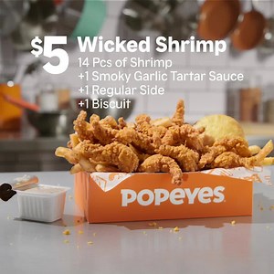 3.1K views · 2.3K reactions | We’re bringing the same Wicked flavor you love to our tailless shrimp. Try our Wicked Shrimp today with this wicked deal: 14pcs, 1 reg. side, and biscuit all for $5. | Popeyes | Facebook