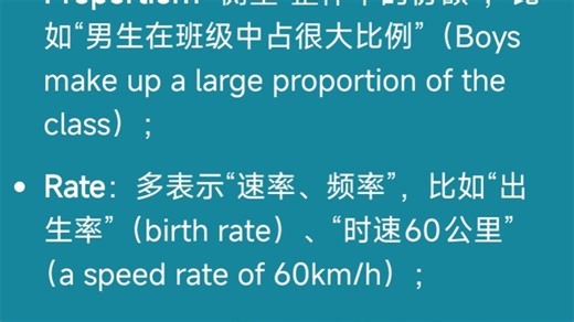 Ratio 比,比率， proportion 比例， rate 比率， percentage 百分比。