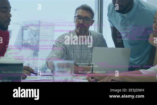 Animation of computer language over diverse coworkers discussing reports on laptop in office. Digital composite, multiple exposure, teamwork, coding, programming language and technology concept Stock Video Footage - Alamy