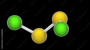 Disulfur dichloride, formula S2Cl2 or Cl2S2. Used for manufacturing sulfur dyes, insecticides, synthetic rubbers. 3D render. Seamless loop. Chemical structure model: Ball and Stick. RGB + Alpha