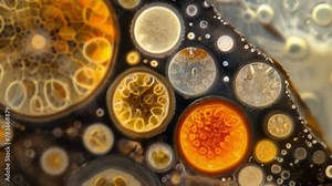 A microscopic image of a diatom a type of unicellular goldenbrown algae. Its distinctive round shape is visible through the intricate . AI generation. Stock Video