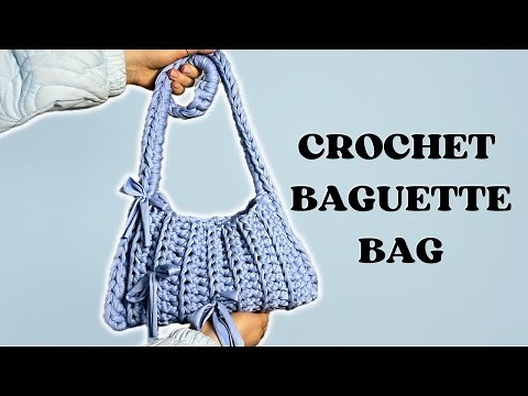 Easy Crochet Baguette Shoulder Bag Tutorial | T-Shirt Yarn, Sturdy Handle & Cute Bows