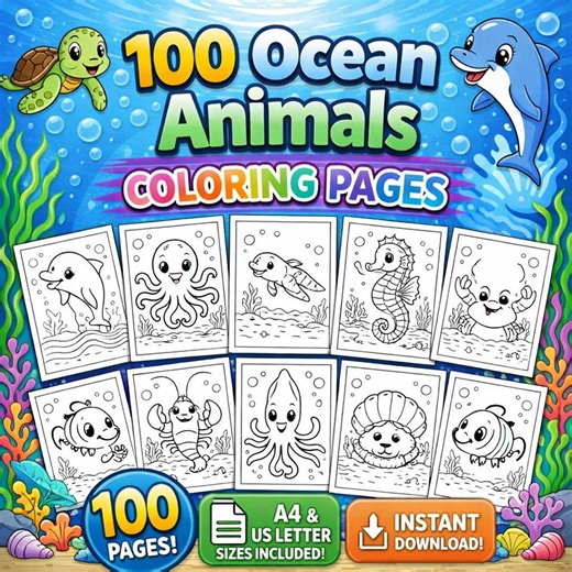 Ocean Animals Coloring Pages for Kids Printable PDF | Sea Creatures Coloring Book | Under the Sea Activity Sheets | Homeschool Worksheets