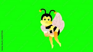 Cute cartoon bee with honey flies green screen