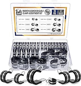 55 pcs cable clamps-304 Stainless Steel-Rubber Cushion Wire clamps-6 sizes 1/4" 5/16" 3/8" 1/2" 5/8" 3/4"-Assortment kit for pipe & wire mounting.