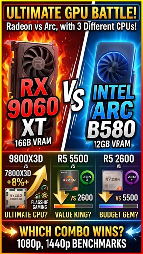 RX 9060 XT VS INTE ARC B580 WITH different CPU.s #9800x3d VS #2600 VS 5500 #amd #cpu #gaming