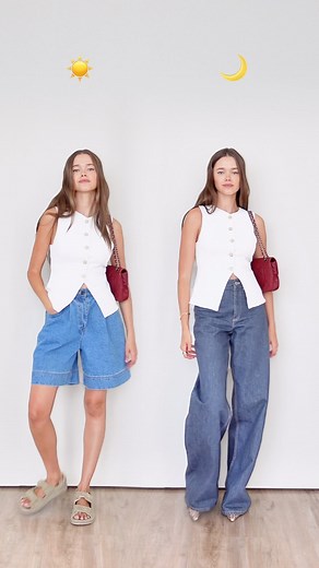 Maximizing your closet: white vest edition Which look do you prefer? Left or right? Day Outfit ⁠ Vest @aritzia Shorts @shonajoy Bag @chanelofficial Shoes @chanelofficial ⁠ ⁠ Night Outfit ⁠ Vest @aritzia Jeans @zara Bag @chanelofficial Shoes @manoloblahnik Bracelet @dior ⁠ #daytonight #vlstyles #outfitinspo | Valeria Lipovetsky