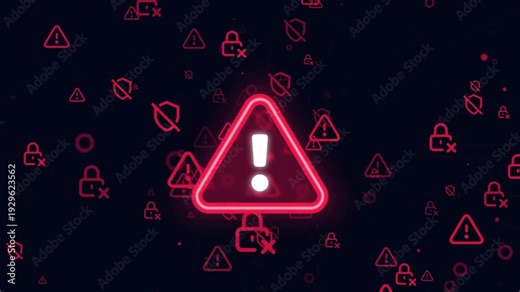 Cyber security alert. flying through space tunnel with warning signs, padlocks and crossed shields. 3d animation concept of access denied, cyber security threat, firewall breach, malware detected.