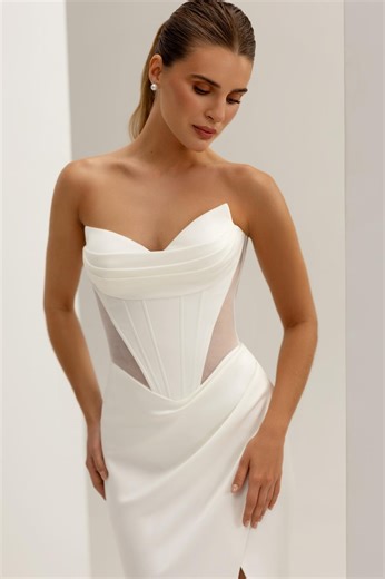 Mermaid Wedding Dress With Corset Bodice • Sheer Side Panels • Draped Cups • High Thigh Slit - Etsy