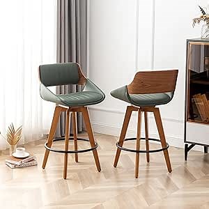LUNLING Swivel Bar Stools Set of 2 Mid Century Modern Green Faux Leather Upholstered Counter Height Barstools,Kitchen Island Wooden Bar Chairs,25.6-Inch Armless Counter Stools with Wood Back and Legs