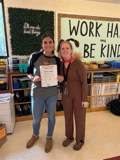 🪿 A sweet Halloween surprise today for Mrs. Combs! She got “goosed” by Mrs. Mygas and Mrs. Lantz. The GOOSE (get out of school early) award was presented to Mrs. Combs for her exceptional dedication, teamwork, and impact on her school community. We are so grateful to have her with us and we hope she enjoyed her extra hour of time to get ready for trick or treating! 🎃 | Petsworth Elementary School