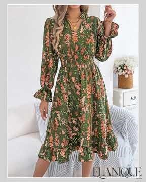 Elegant Floral Print Dresses Women 2025 Autumn Winter V Neck Flare Long Sleeve Ruffled A Line Dress