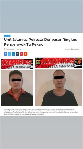 Menu ￼ Search for ￼ Breaking News Made Pria Luncurkan Buku Hukum Harta Warisan di Unpad Home/Denpasar/Unit Jatanras Polresta Denpasar Ringkus Pengeroyok Tu Pekak Kriminalitas Unit Jatanras Polresta Denpasar Ringkus Pengeroyok Tu Pekak ￼ Barometer Bali7 hours ago 0 581 2 minutes read Facebook Twitter LinkedIn Tumblr Pinterest Reddit ￼ Dua terduga pelaku pengeroyokan dan penusukan yakni IGSP (30) alias Dede Anggur (kiri) dan IDGRS (23) alias Bembem (kanan) terhadap korban Putu Eka Astina (40) alia