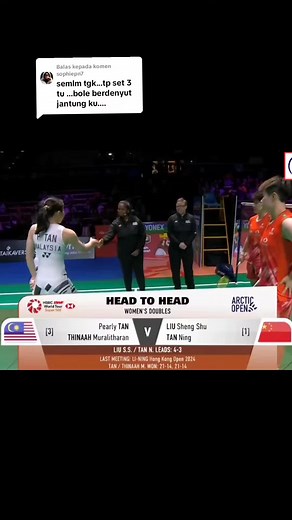 Membalas kepada @sophiepn7 FINAL | Pearly TAN /THINAAH Muralitharan vs LIU Sheng Shu /TAN Ning | Arctic Open 2024 - credits - YouTube Badminton Malaysia - #pearlytan #hebat #thinaahmuralitharan #tanning #liushengshu #smash #padu