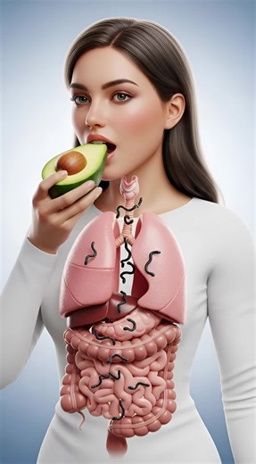 What Really Happens Inside the Body When You Eat Avocado | Ultra-Realistic Medical VisualizationThis ultra-realistic cinematic medical video shows what happens inside the human body when a woman eats avocado. As the avocado is consumed, the body becomes semi-transparent, revealing detailed lungs and intestines. Harmful parasite-like organisms lose their grip and fall downward naturally, showing the powerful internal cleansing effect in a surreal yet educational way. This video is created for hea