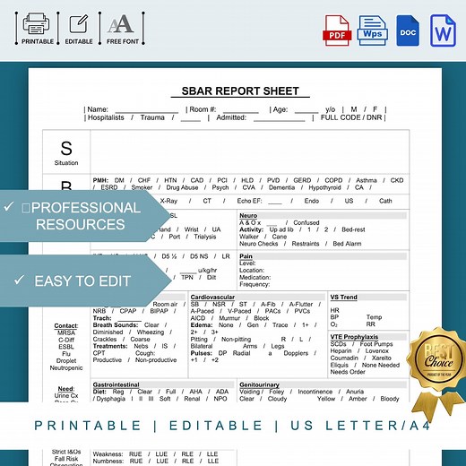 Printable SBAR Report Sheet Template for Nurses, Editable SBAR Communication Tool, Shift Report Template, for Healthcare Professionals - Etsy