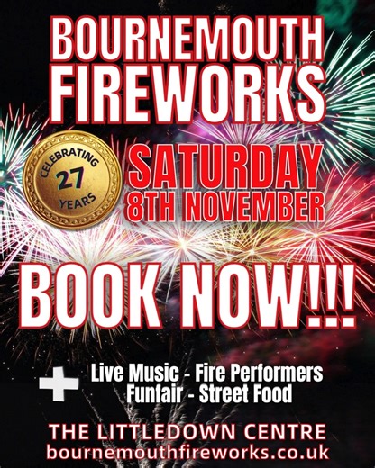 🎇 ONLY 3 WEEKS TO GO! 🎇 Join Bournemouth Fireworks on the 8th November for one of Bournemouth’s biggest and most spectacular family events. Get ready for live entertainment, fun fair rides, street food vendors and an overall unforgettable night out. With three dazzling fireworks shows in one evening, plus fire performers and plenty to see and do, it’s the perfect way to celebrate Bonfire Night with friends and family. 🎟️ Book your tickets before they're gone! https://shorturl.at/Pflua | Total