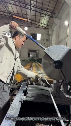 Factory Worker Cutting a Metal Pipe with a High-Speed Rotating Machine