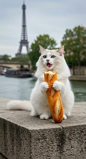 cat eating baguette in Paris #cat #ragdollcat #cutecat #funny