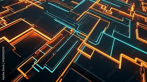 Seamless animation showcases a camera gliding over a circuit board adorned with glowing orange lines. The abstract design evokes a sense of modern technology and digital connectivity