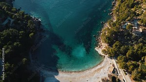 Palma de Mallorca Island, Cala Tuent near Sa Calobra. Natural idyllic pristine turquoise blue clear sea water, sandy beach seaside cliff coast. Spanish Balearic Majorca, cinematic aerial drone 4K UHD