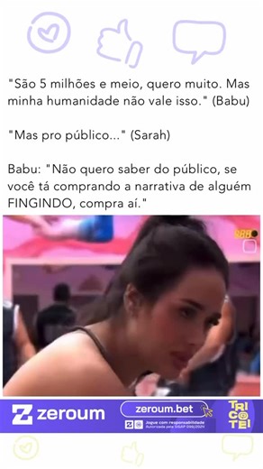 TRICOTEI on Instagram: "Babu se exalta após Sarah afirmar que não concorda com várias pessoas atacando Pedro ao mesmo tempo pois o público reprova isso. 📽️ Imagem/Reprodução | TV Globo"