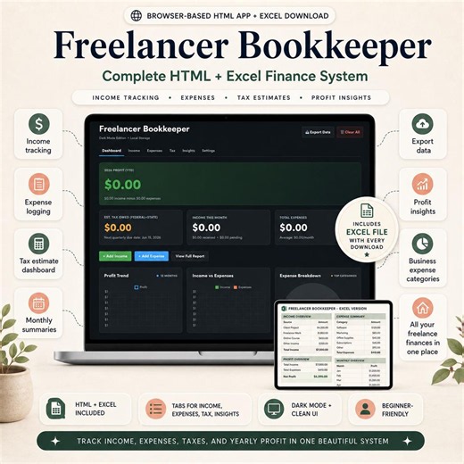 Freelancer Bookkeeper | HTML   Excel Finance Tracker for Income, Expenses, Taxes & Profit - Etsy