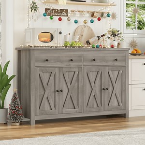 Homfa 55.1'' W Kitchen Buffet Storage Cabinet with Adjustable Shelves, 4-Doors 2-Drawers Sideboard Storage Cabinet, Gray