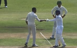 Proteas speedster Kagiso Rabada fist-bumps Lasith Embuldeniya
